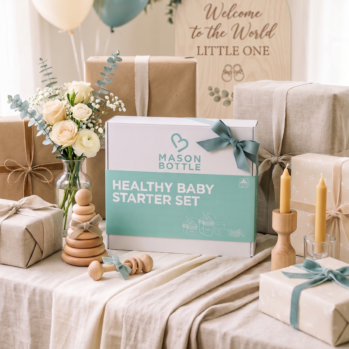 A styled baby gift setup featuring a white and mint green 'Mason Bottle Healthy Baby Starter Set' box in the center, surrounded by wrapped presents, balloons, flowers, candles, and a wooden sign that reads 'Welcome to the World, LITTLE ONE'.